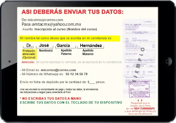 Ejemplo de como debe enviar sus datos para inscribirse al Curso